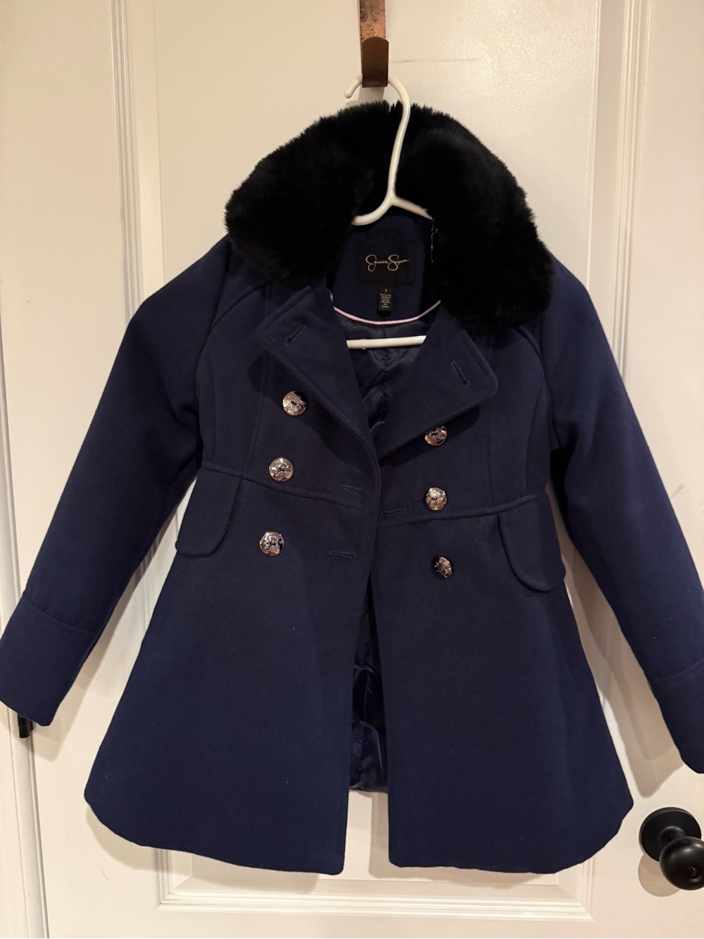 Jessica Simpson Navy Pea Coat with Black Faux-Fur Collar
